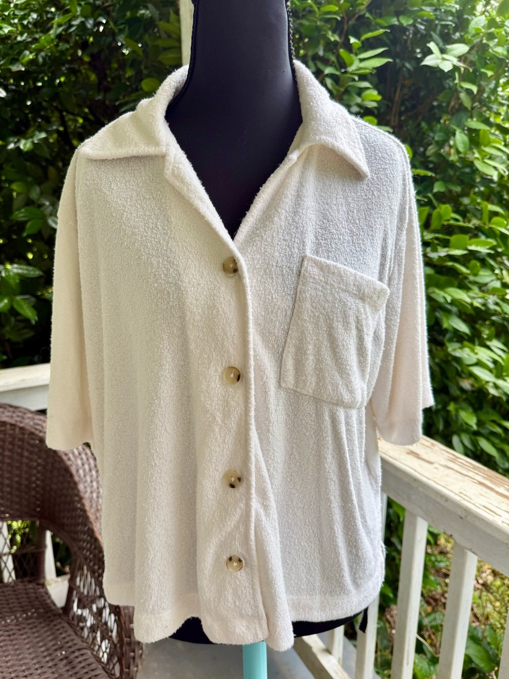Double Zero Cream/Tan Terry  Cloth Textured Button-Down Beach Shirt Sz Small